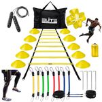 Elite Athletics Speed & Agility Ladder Training Set | Includes Agility Ladder, Leg Resistance Bands, 10 Cones, Running Parachute, Jump Rope, 4 Steel Stakes & Carrying Bag for Athletes in All (Yellow)