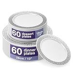 MATANA 120 Premium White Plastic Plates with Silver Lace Rim - 60 26cm Dinner Plates, 60 19cm Dessert Plates - Elegant & Reusable Party Tableware for Weddings, Birthdays, BBQ, Parties