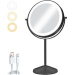 AumVum 8'' Magnifying Makeup Mirror with Light, Vanity Mirror with Lights Rechargeable Double Sided 1X/10X 3 Color Lights, Make up Mirror with Adjustable Brightness 360° Rotation Touch Control, Black