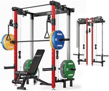 Mikolo Folding Squat Rack, Wall Mounted Power Rack with Cable Crossover Machine & LAT Pull Down, Functional Trainer with 5 Adjustable Function Modes, Upgraded Home Gym Package(Red)