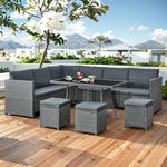 Aweather 9 seater Rattan Corner Sofa Set Rattan Garden Furniture Set All-Weather Patio Conversation Set with Modern Dinning Table and Washable Cushions (Gray)