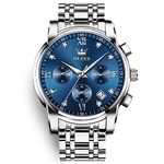 OLEVS Mens Watch Big Face Silver Stainless Steel Chronograph Watch Men Classic Roman Numerals Blue Dial Analog Quartz Men's Watch Luxury Diamond Luminous Waterproof Watches for Men