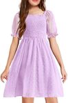 Arshiner Dresses for Teens Stretchy Ruffle Short Sleeve Square Neck Flowy Summer Party Dresses Lilac 10-11Y