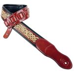 Walker & Williams KB-05-LBRN Bourbon Red Full Grain Center Block Carving Leather Padded Guitar Strap With Aged White Celtic Chain For Acoustic, Electric, And Bass Guitars, Red/Brown, Regular