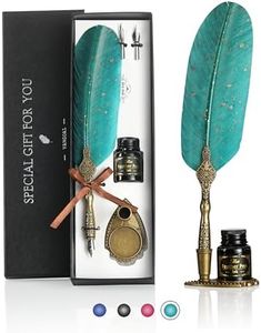 VANGOAL Feather Pen and Ink Set, Glittering Quill Pen Set Antique Calligraphy Dip Pen with Ink, 2 Replacement Nibs, Pen Stand Base, Luxury Vintage Signature Pen (Green)