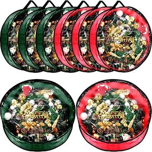 Dunzy 8 Pieces Christmas Wreath Storage Bag Garland Wreath Container Tear Resistant Fabric Round Wreath Boxes with Clear Window for Storage for Xmas Holiday Ornament (Red, Green,24'')