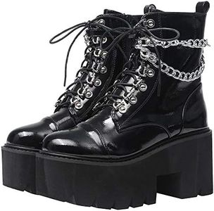 CYNLLIO Fashion Block Heel Platform Combat Ankle Booties Women's Lace up Studded Motorcycle Boots Mid Calf Boots, 4 Black, 9