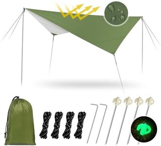 Hossom Bâche Anti-Pluie, Tarp Toile de Tente Imperméable Bivouac, Camping Bâche Rain Tarp Anti UV, Abri de Randonnée Parasol Léger Portable avec 4 Piquets Lumineux + 4 Corde + 2 Clou en Aluminium