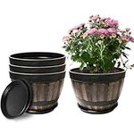 Plant Planters Pots Set of 4 Pack 9 Inch/23cm,Plastic Flower Pots Planters for Indoor Plants with Drainage Holes & Saucer.Lightweight Resin Whiskey Barrel Planters for House Outdoor Garden Plant