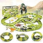 EARSOON Dinosaur Race Track Car Toy Set - 240 Pcs Flexible Train Tracks with 8 Dinosaurs, Race Cars, Bridge, Tree, Kids Christmas Birthday Party Gift Dinosaur Playset for 3 4 5 6 Year Old