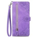 NEXCURIO Zip Wallet Case Compatible with Apple iPhone 14 Phone Case Wallet with Credit Card Holder Strap Stand Women Leather Flip Case Floral Folding Cover Shockproof - Purple