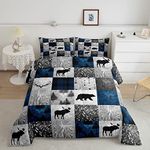 Bear Bedding Set Queen for Teens Boys,Farmhouse Moose Elk Deer Comforter Set Cabin Lodge Decor,Hunting Animal Duvet Insert,Blue Grey Buffalo Plaid Check Patchwork Down Comforter with 2 Pillowcases