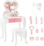 Costzon Kids Vanity Set, Girls Vanity Set with Mirror and Stool, Accessories, Drawer & Storage Shelf, Wooden Princess Makeup Dressing Table, Pretend Play Vanity Table and Chair Set for Toddlers, White