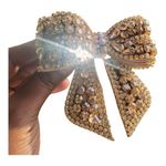 Rainmebows White Rhinestone Baroque Bow with Barrette Clip, Diwali Collection, Formal, Wedding, Birthday, Hair Accessories