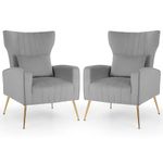 Giantex Velvet Accent Chair Set of 2, Upholstered Tufted Wingback Arm Chair w/Lumbar Pillow, Golden Metal Legs, Mid Century Modern Single Sofa Chair for Living Room Bedroom, Max Load 400 LBS, Grey