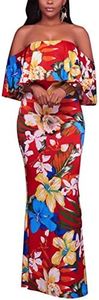 Suimiki Vintage Ruffle Plain Floral Printed Off Shoulder Bodycon Long Party Maxi Dress Orange Red Style-2 2X-Large