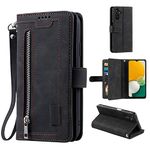 EYZUTAK Wallet Phone Case for Samsung Galaxy A15 4G/5G, Retro Matte 9 Card Holder Slots Zipper Pocket Handbag Case PU Leather Magnetic Closure Kickstand with Wrist Strap Flip Folio Purse Case - Black