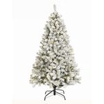 WBHome 6 Feet Snow Flocked Christmas Tree, Pre-lit Premium Spruce Hinged Artificial Christmas Tree with 300 Lights, 900 Branch Tips