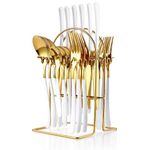 24 Pieces Silverware Set, Stainless Steel Flatware Set with Silverware Holder Spoons Forks Knives Set, Utensils Set Service for 6, White Cutlery Set for Kitchen (White)