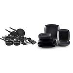 Amazon Basics 15-Piece Non-Stick Cookware Set & Creative Tops 12-Piece Ceramic “Raven” Dinner Set, Black