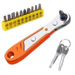 Right Angle Screwdriver Offset 90 Degree Ratcheting Screwdriver Set Hex Driver Ratchet L Shaped Low Profile For Tight Spot Small Space Sideways Shape + Keychain Screwdrivers + 10pc Short Hex Bits