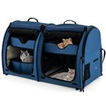 COSTWAY Cat Carrier Bag, 2 Compartments Pet Travel Carriers with Removable Hammocks and Mats, Duble-side Pad, Litter Box, Portable Dog Crate for Cats Puppy Kitten (Navy Blue)