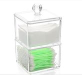 DJUNXYAN Double-Deck Transparent Multi-Function Cubes Acrylic Cotton Swab Ball Pad 3-in-1 Dispenser Holder Container Make Up Organiser With Lid F