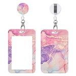 Badge Reels Retractable with Carabiner Reel Clip, Worker Badge Holder Belt Ferrule, Identity ID Badge Holder Case, Nurse Doctor Office School Teacher Name Credit Card Pocket (H-Marble Purple Pink)