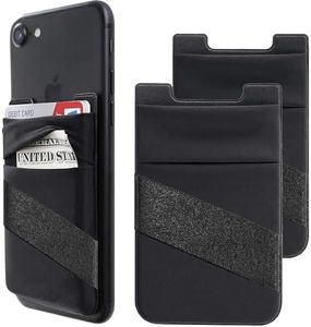 Mizi (2 Pack Adhesive Phone Stretchy Wallet, Card Holder for Back of Phone Stick on Cases, Unique Double Pocket Design + Finger Strap for iPhone/Android/Samsung Galaxy - Black