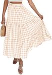 ZESICA Women's 2024 Summer Plaid Flower Elastic High Waist Flowy A Line Maxi Skirt with Pockets, Apricot, Large