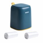 Eidoct Mini Desktop Trash Can with Press Type Lid, Small Waste Garbage Basket Bin for Desk Office Kitchen, Colorful Plastic Trash with 2 Rolls of Trash Bags (Navy Blue)