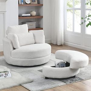 Aursrenty 39" W Swivel Chair with Moon Storage Ottoman, 4 Pillows Modern Accent Round Swivel Oversized Barrel Chairs, Armchair for Bedroom, Living Room, Office Ivory As Shown