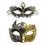 OIDEA Masquerade Mask Couples Set: Gold Black Rhinestones Metal Cosplay Venetian Party Mask Halloween Costume Mardi Gras Mask