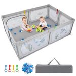 GYMAX Baby Playpen, 206 x 147cm Large Toddler Fence Play Yard with 50 Ocean Balls, Suction Cups, Zipper Door and Carry Bag, Indoor Outdoor Infant Activity Center (Grey with Whale Pattern)