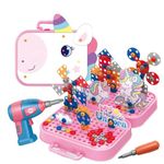 Happy Hues DIY Electric Drill Screw Tool Set-Mosaic Puzzle 228pcs- 3D STEM Educational kit for Kids Construction and Building Block Kit (Unicorn Design)