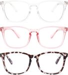 3-Pack Blue Light Blocking Glasses for Women Men, Fashion Square Fake Nerd Eyeglasses Frame Anti UV Ray Filter Computer Gaming Glasses (Leopard+Transparent+Pink)