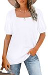 isermeo Women Casual Square Neck T Shirts Loose Puff Short Sleeve Tops Tunic Blouse White XL