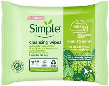 Simple, Kind to Skin, Biodegradable Cleansing Wipes with Vitamin B5, Vitamin E and Pro Amino Acids, 25 Pack