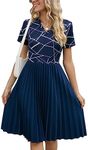 YATHON Women's Summer Casual Dress Short Sleeve Notched Neck Floral Flowy A Line Pleated Wedding Guest Dresses, Blue W Stripe, Medium