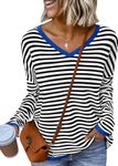 LILLUSORY Womens Sweaters Striped V Neck Oversized Lightweight Pullover Fall Outfits Fashion 2024 Cute Drop Shoulder Clothes BlackWhiteBlue S