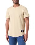 Calvin Klein Jeans Men's Badge Short Turn Up Sleeve Round Neck T-Shirt, Beige (Pale Khaki), M