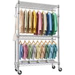 MZG Heavy Duty Rolling Garment Rack 3 Tiers Adjustable Wire Shelving Clothes Rack with 2 Rods and Side Hooks, Storage Closet Clothing Rack with Wheels Chrome (45 D x 120 W x 212 H) CM