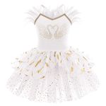 IMEKIS Girls' Ballet Dance Dress Sleeveless Princess Swan Ballerina Dancewear Gymnastics Leotard Tutu Shiny Ruffle Tulle Skirt Athletic Costume, White 01, 9-10 Years