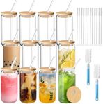 Drinking Glasses with Glass Straw 12pcs Set- MUVKQC 16 Oz Can Shaped Glass Cups Beer, Glass Cup with Bamboo Lids and Glass Straws, Ice Coffee Glasses Cute Tumbler Cup Great for Soda Boba Tea Cocktail