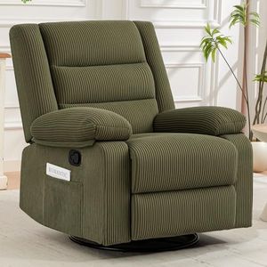 360° Swivel Rocker Recliner Chair for Adults, Nursery Manual Reclining Chair with Arms and Back, Upholstered Glider Rocking with Side Pockets for Living Room, Bedroom Nursing use, Corduroy, Green