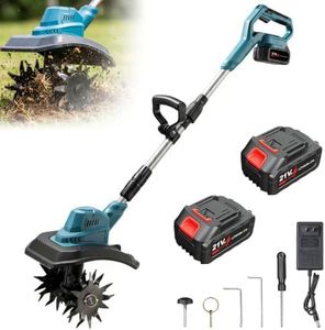 21V Cordless Tiller Cultivator, 360RPM Electric Garden Tiller, with 2 * 3.0Ah Batteries & Charger, 9In Tilling Width and 6.7In Depth Garden Rototiller for Lawn/Gardening/Soil Cultivation