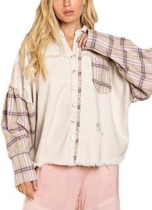 Zontroldy Camisas de manga larga con botones de gran tamaño para mujer, color liso, casual, estilo novio, camisa, estilo boluse, 01 Beige, M