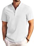 COOFANDY Men Casual Henley Shirt Short Sleeve Band Collar Summer Beach Textured Shirts White L