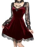 Women 's Black Gothic Lolita Lace Dress Long Sleeve Lace-up Vintage Punk Puff Sleeve A Line Swing Short Goth Dress (F-Red, M)