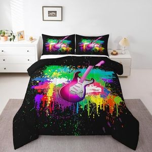 Erosebridal Electric Guitar Bedding Set Queen Rock Music Comforter Set, Hippie Graffiti Bedding Comforter Sets Hip Hop Splatters Duvet Insert, Black Popstar Guitar Player Down Comforter Breathable